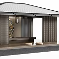 Japanese Garden Pergola Featuring Wooden Lattice Panels Roof Platform Circular Decorative Screen And Cushions