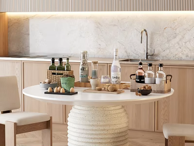 Beverages Display On Round Table In A Stylish Modern Kitchen 3d model