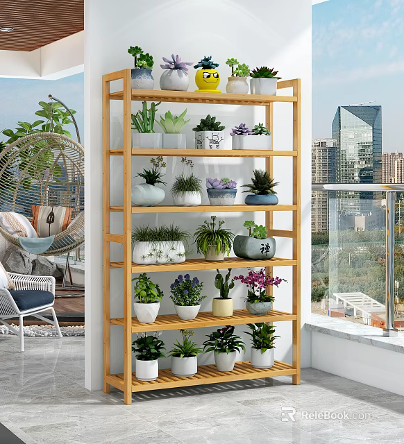 Wooden Multi Tiered Indoor Garden Shelf Displaying Various Potted Green Plants And Flowers 3d model 