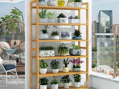 Wooden Multi Tiered Indoor Garden Shelf Displaying Various Potted Green Plants And Flowers 3d model