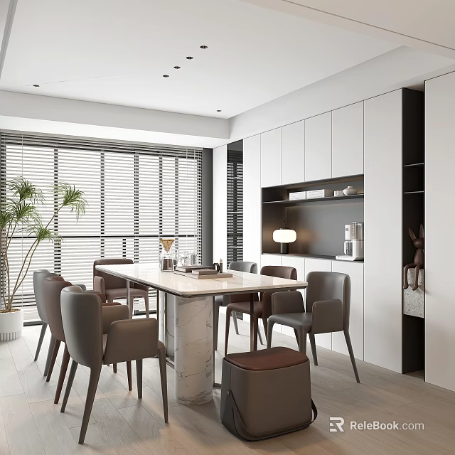Modern Restaurant Interior With Marble Dining Table Grey Chairs And White Cabinets 3d model