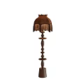 Vintage Floor Lamp with Brown Fringed Shade and Wooden Stacked Circular Column