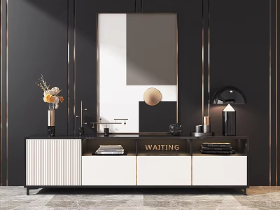 Modern Black And White TV Stand With Waiting Sign Flower Vase And Table Lamp 3d model