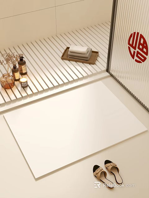 Modern Bathroom Interior with White Striped Wall Aromatic Bottles Candle Towel Tray and Red Ornament 3d model 
