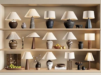 Various Stylish Table Lamps Displayed On Three Shelves With Decorative Vases And Fruits 3d model
