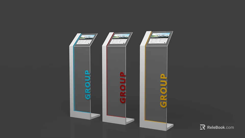 Floor Standing Digital Information Displays With GROUP Logo In Blue Red Yellow Colors 3d model 