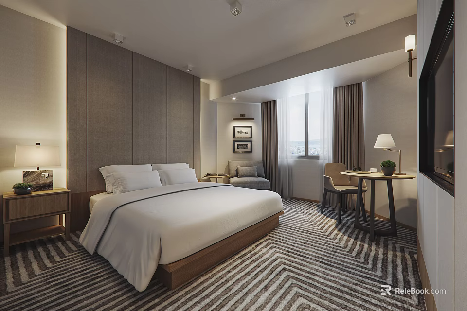 Modern Hotel Guest Room with Comfortable Bed White Bedding Striped Carpet and Writing Desk 3d model 