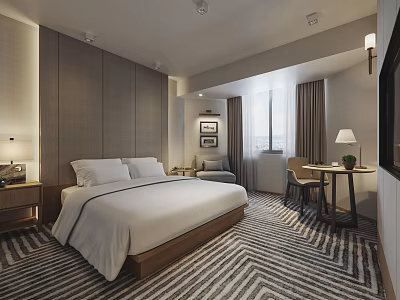 Modern Hotel Guest Room with Comfortable Bed White Bedding Striped Carpet and Writing Desk 3d model