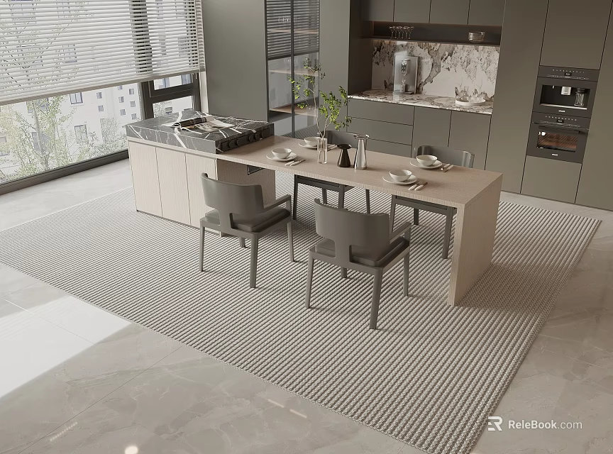 Modern Dining Table Set In Open Kitchen With Wooden Tabletop And Gray Chairs 3d model