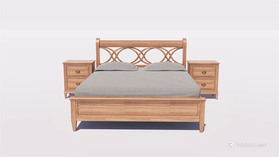 Wooden Double Bed With Carved Headboard Gray Mattress And Nightstands With Drawers 3d model 