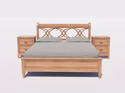 Wooden Double Bed With Carved Headboard Gray Mattress And Nightstands With Drawers 3d model