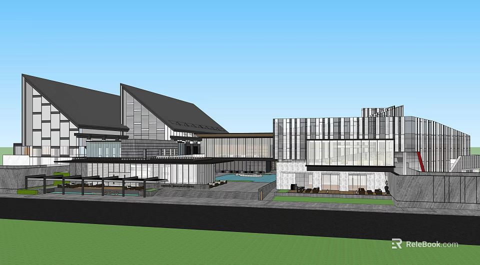 Contemporary Sales Office Building Featuring Glass Facades Geometric Roof And Courtyard Greenery 3d model 