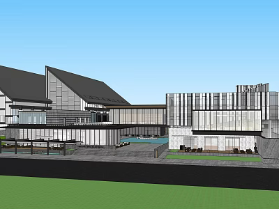 Contemporary Sales Office Building Featuring Glass Facades Geometric Roof And Courtyard Greenery 3d model