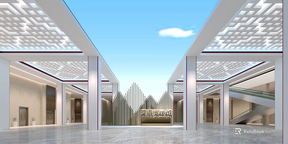 Spacious Modern Hotel Lobby Interior With High Ceiling Glass Roof And Geometric Decor 3d model 