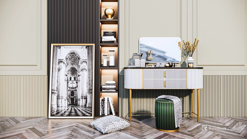 Elegant Modern Vanity Table Design With Mirror Shelf And Flower Vase 3d model