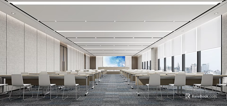 Modern Spacious Conference Room Interior With Long Tables White Chairs Large Screen And Floor to Ceiling Windows 3d model 