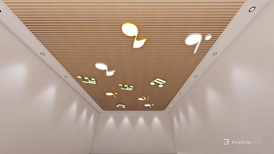 Ceiling Design With Wooden Slats And Musical Note Lights 3d model 