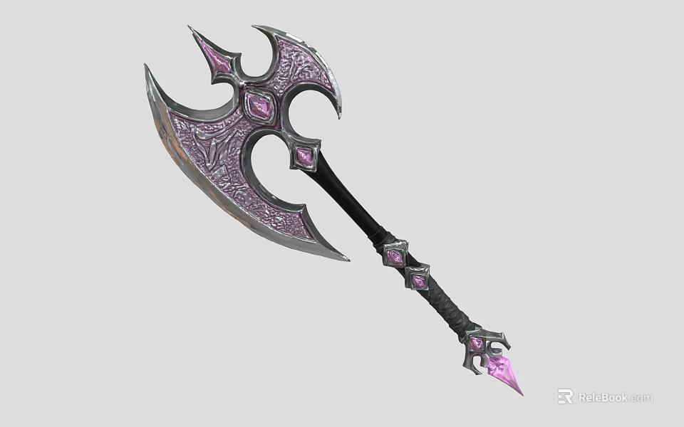 Ornate Battle Axe With Purple Gemstones Intricate Patterns And Black Handle Design 3d model 