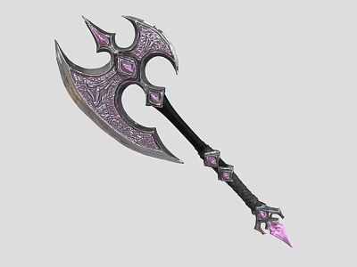 Ornate Battle Axe With Purple Gemstones Intricate Patterns And Black Handle Design 3d model