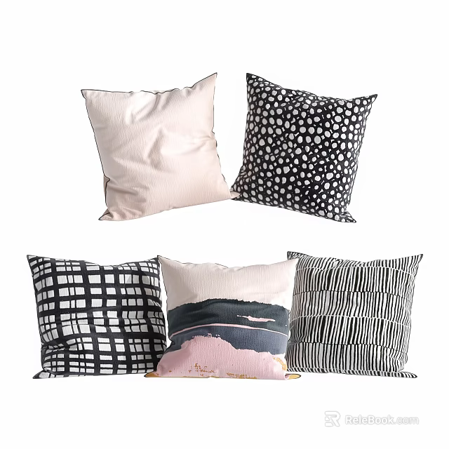 Assorted Decorative Pillows with Pink Black and White Polka Dot Checkered Striped Patterns 3d model