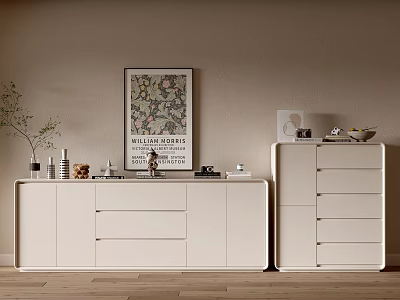 White Entryway Console Table And Side Cabinet With Decorative Items And Wall Art 3d model