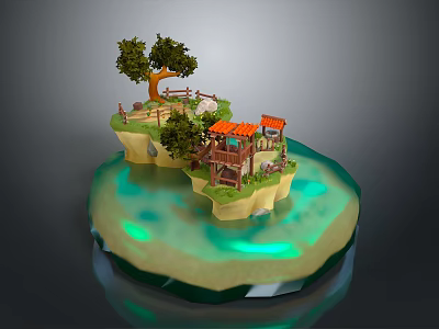 Scenic Floating Island Landscape With Trees Orange Roof Cottages And Glowing Green Water 3d model