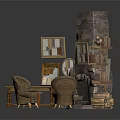 Rustic Interior With Stone Fireplace Two Armchairs Bookshelf Wooden Table And Framed