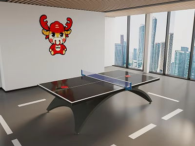 Modern Indoor Ping Pong Table With Cartoon Decoration And City View Windows 3d model