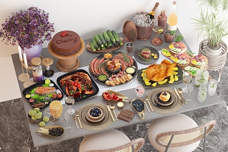 Food Combination Western Food Combination Steak Grilled Chicken Fish Salad Grilled Prawns Fruit Drink Cake Flowers 3d model