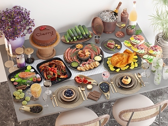 Food Combination Western Food Combination Steak Grilled Chicken Fish Salad Grilled Prawns Fruit Drink Cake Flowers 3d model