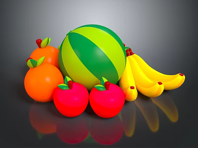 Fresh Assorted Fruits With Green And Yellow Striped Watermelon Red Apples Oranges And Yellow Bananas 3d model