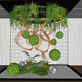 Modern Indoor Landscape Interior With Hanging Greenery Wooden Ribbons And Moss Balls
