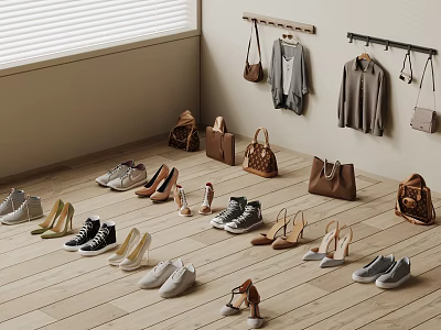 Stylish Sweaters on Wall Hangers with Shoes and Bags on Wooden Floor 3d model