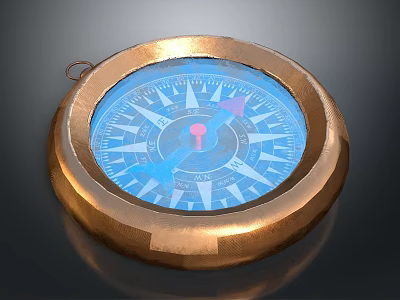 Vintage Brass Compass With Blue Dial Red Needle And Classic Design 3d model