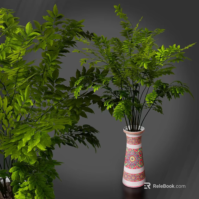 Colorful Patterned Vase Holding Lush Green Leaves For Home Interior Decor 3d model 