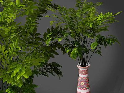 Colorful Patterned Vase Holding Lush Green Leaves For Home Interior Decor 3d model