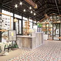 Grocery Store Interior With Wooden Shelves Displayed Goods Tables Chairs Hanging Lamps And Green Plants