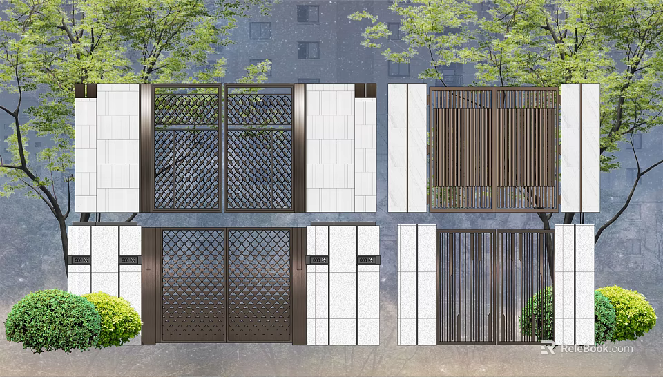 Modern Entrance Gate Design with Metal Grille White Wall and Green Plants 3d model 