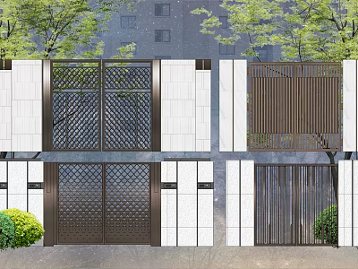 Modern Entrance Gate Design with Metal Grille White Wall and Green Plants 3d model