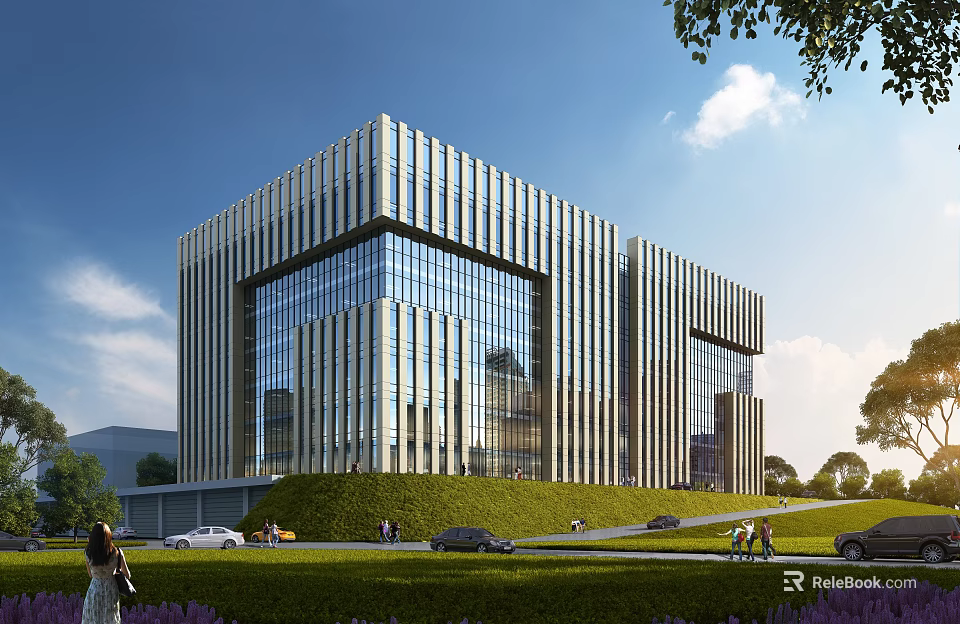 Modern Industrial Factory Building With Glass Curtain Wall Metal Structure Green Lawn Pedestrians Vehicles Trees 3d model 