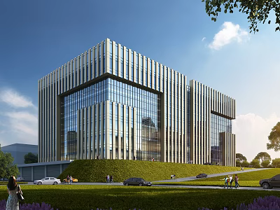 Modern Industrial Factory Building With Glass Curtain Wall Metal Structure Green Lawn Pedestrians Vehicles Trees 3d model