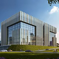 Modern Industrial Factory Building With Glass Curtain Wall Metal Structure Green Lawn Pedestrians Vehicles Trees