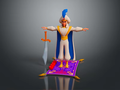 Animated 3D Character In White Outfit Blue Cape Feather Hat And Sword On Purple Carpet 3d model