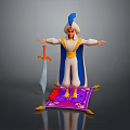 Animated 3D Character In White Outfit Blue Cape Feather Hat And Sword On Purple Carpet