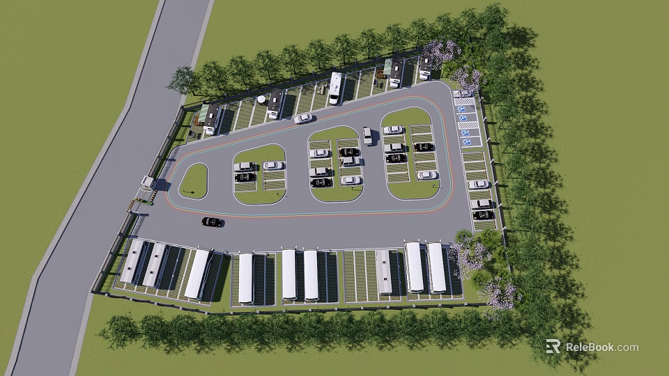 Eco Friendly Parking Lot Design With Solar Panels Surrounding Trees And Parked Vehicles 3d model 