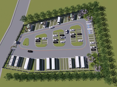 Eco Friendly Parking Lot Design With Solar Panels Surrounding Trees And Parked Vehicles 3d model