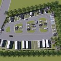 Eco Friendly Parking Lot Design With Solar Panels Surrounding Trees And Parked Vehicles