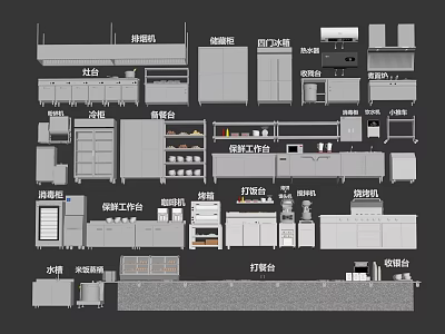 Different Types of Kitchen Utensils Including Worktables Cabinets Sinks And Appliances 3d model