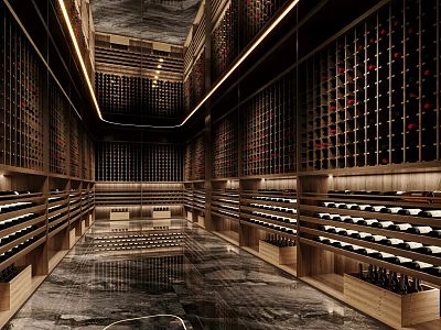 Luxurious Wine Cellar Interior With Wooden Wine Racks And Lighting 3d model