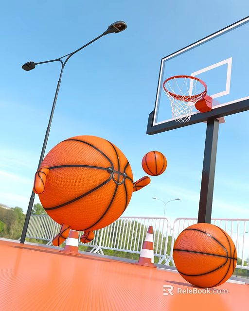 Fun Outdoor Basketball Court Featuring Cartoon Basketball Dribbling Small Ball Hoop And White Fence 3d model 